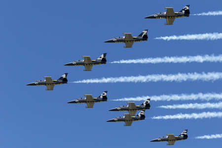 RAF Fairford, Gloucestershire, UK - July 10, 2014: Breitling Jet Team Aero L-39C Albatross jet...