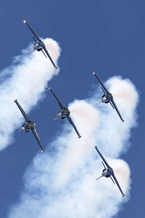 RAF Fairford, Gloucestershire, UK - July 11, 2014: Breitling Jet Team Aero L-39C Albatross jet...
