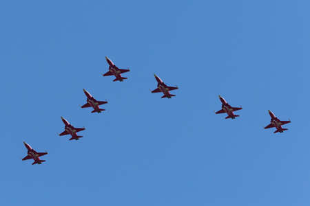 RAF Fairford, Gloucestershire, UK - July 10, 2014: Patrouille Suisse formation display team of the Swiss Air Force flying Northrop F-5E fighter aircraft.のeditorial素材