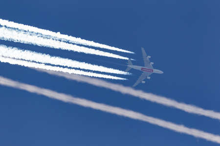 RAF Fairford, Gloucestershire, UK - July 10, 2014: Emirates airlines Airbus A380 flying at high...