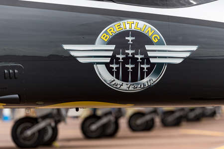 RAF Fairford, Gloucestershire, UK - July 11, 2014: Breitling Jet Team Aero L-39C Albatross jet...