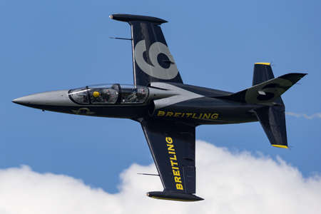 RAF Fairford, Gloucestershire, UK - July 11, 2014: Breitling Jet Team Aero L-39C Albatross jet...