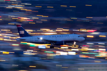 Las Vegas, Nevada, USA - May 5, 2013: US Airways Airbus A319 airliner on approach to land at night...