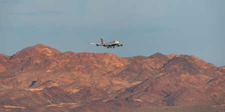Las Vegas, Nevada, USA - May 7, 2013: British Airways Boeing 747 on approach to land at McCarran International Airport Las Vegas at sunset.のeditorial素材