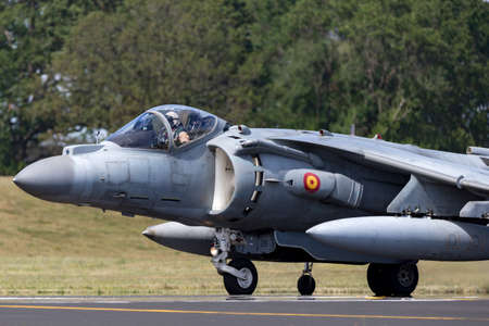 Farnborough, UK - July 20, 2014: Spanish Navy (Armada Espaola) McDonnell Douglas EAV-8B Harrier Jump Jet aircraft.のeditorial素材