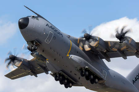 Farnborough, UK - July 16, 2014: Airbus Defence and Space A400M military cargo aircraft F-WWMS.のeditorial素材