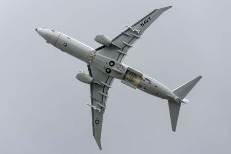 Farnborough, UK - July 20, 2014: United States Navy Boeing P-8A Poseidon maritime patrol aircraft.
