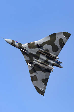 Farnborough, UK - July 19, 2014: Former Royal Air Force (RAF) Avro Vulcan B.2 bomber aircraft XH558 operated by the Vulcan to the Sky Trust.のeditorial素材