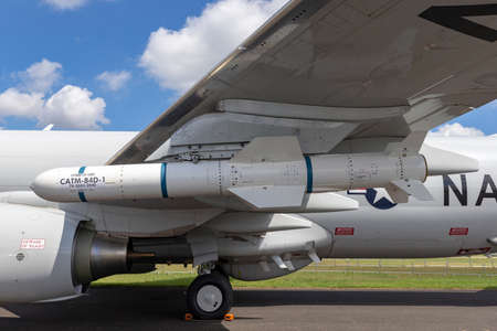 Farnborough, UK - July 17, 2014: Boeing (McDonnel Douglas) AGM-84 Harpoon Anti Ship Missile. The...