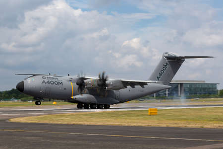 Farnborough, UK - July 20, 2014: Airbus Defence and Space A400M military cargo aircraft F-WWMS.のeditorial素材