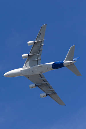 Farnborough, UK - July 19, 2014: Airbus A380-841 large four engined commercial airliner aircraft...