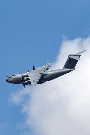 Farnborough, UK - July 16, 2014: Airbus Defence and Space A400M military cargo aircraft F-WWMS.のeditorial素材