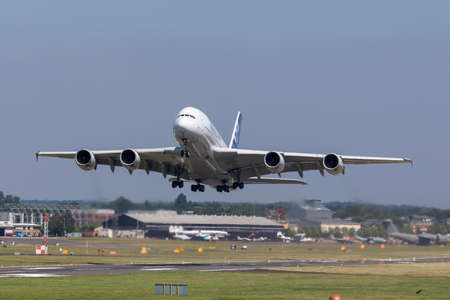 Farnborough, UK - July 19, 2014: Airbus A380-841 large four engined commercial airliner aircraft F-WWOW.のeditorial素材