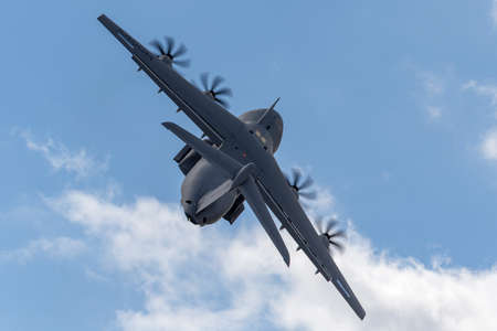 Farnborough, UK - July 16, 2014: Airbus Defence and Space A400M military cargo aircraft F-WWMS.