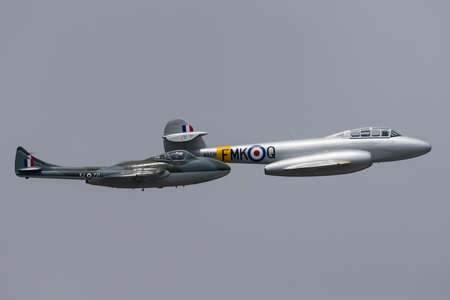 Farnborough, UK - July 20, 2014: Former Royal Air Force Gloster Meteor T7 vintage jet warbird...