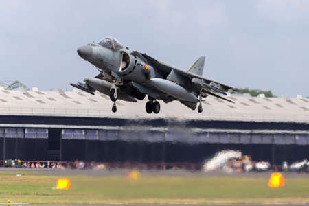 Farnborough, UK - July 21, 2014: Spanish Navy (Armada Espaola) McDonnell Douglas EAV-8B Harrier Jump Jet aircraft.のeditorial素材