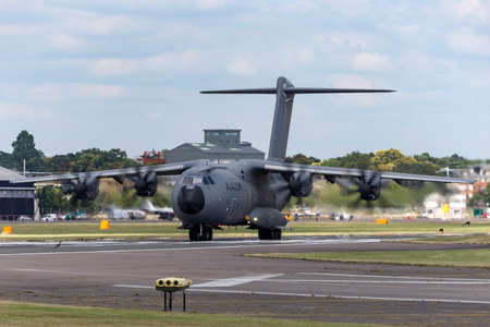 Farnborough, UK - July 16, 2014: Airbus Defence and Space A400M military cargo aircraft F-WWMS.のeditorial素材