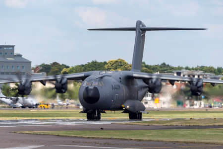 Farnborough, UK - July 16, 2014: Airbus Defence and Space A400M military cargo aircraft F-WWMS.のeditorial素材