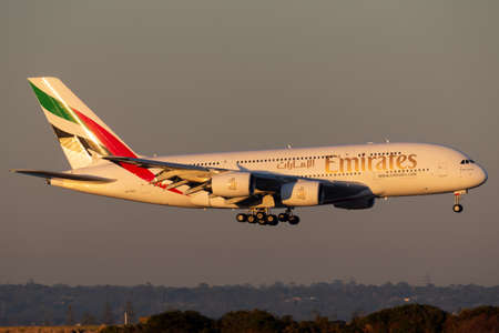 Sydney, Australia - October 9, 2013: Emirates Airbus A380 four engined large passenger aircraft...