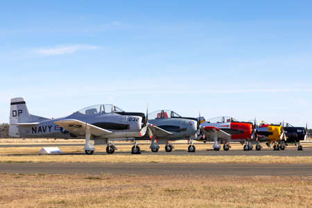 Temora, Australia - November 2, 2013: Five North American T-28 Trojan aircraft formerly used by for pilot training by the United States Military sitting on the tarmac at Temora Airport.のeditorial素材