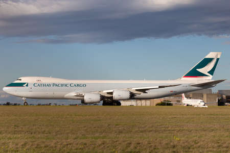 Melbourne, Australia - June 23, 2015: Cathay Pacific Cargo Airways Boeing 747-8 Cargo Aircraft B-LJM preparing for takeoff from Melbourne International Airport.のeditorial素材