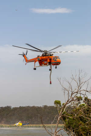 Bundoora, Australia - December 30, 2019: Erickson Air Crane helicopter taking off after filling with a load of water to fight a fire.のeditorial素材