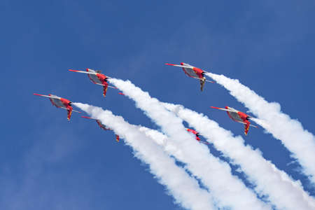 Payerne, Switzerland - August 29, 2014: Spanish Air Force (Ejercito del Aire) CASA C-101EB Aviojet jet trainer aircraft of the Patrulla Aguila formation aerobatic display team.のeditorial素材