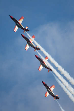 Payerne, Switzerland - August 29, 2014: Spanish Air Force (Ejercito del Aire) CASA C-101EB Aviojet jet trainer aircraft of the Patrulla Aguila formation aerobatic display team.のeditorial素材