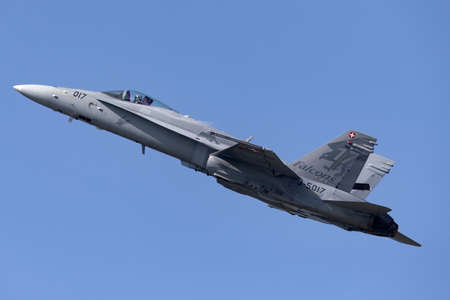 Payerne, Switzerland - September 4, 2014: Swiss Air Force McDonnell Douglas F/A-18C Hornet multirole fighter aircraft.のeditorial素材