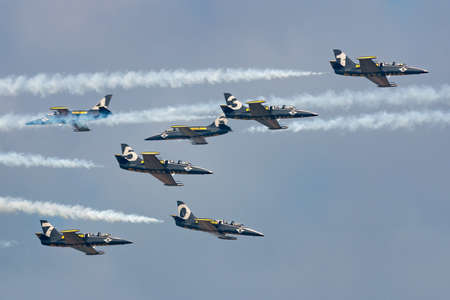 Payerne, Switzerland - September 7, 2014: Breitling Jet Team Aero L-39C Albatross jet trainer...