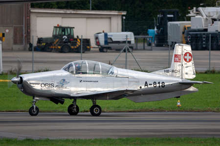 Payerne, Switzerland - September 1, 2014: Former Swiss Air Force Pilatus P-3 military trainer...