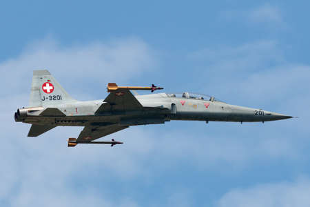 Payerne, Switzerland - September 7, 2014: Swiss Air Force Northrop F-5F Tiger II two seat jet aircraft J-3201.のeditorial素材