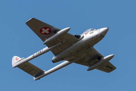 Payerne, Switzerland - August 30, 2014: Former Swiss Air Force de Havilland DH.100 Vampie FB.6 aircraft HB-RVN.のeditorial素材