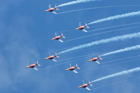 Payerne, Switzerland - August 30, 2014: Patrouille de France, the aerobatic display team of the French Air Force (Armee de lâAir) flying Dassault-Dornier Alpha Jet E jet trainer aircraft.のeditorial素材