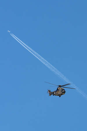 Payerne, Switzerland - August 30, 2014: Swiss Air Force Aerospatiale AS532 (TH98) military utility helicopter T-340.のeditorial素材