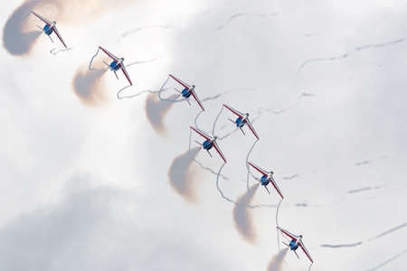 Payerne, Switzerland - August 30, 2014: Patrouille de France, the aerobatic display team of the French Air Force (Armee de lâAir) flying Dassault-Dornier Alpha Jet E jet trainer aircraft.のeditorial素材