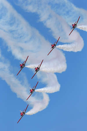 Payerne, Switzerland - August 30, 2014: Spanish Air Force (Ejercito del Aire) CASA C-101EB Aviojet jet trainer aircraft of the Patrulla Aguila formation aerobatic display team.のeditorial素材