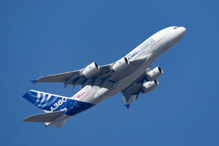 Payerne, Switzerland - September 6, 2014: Airbus A380-841 large four engined commercial airliner aircraft F-WWDD.のeditorial素材
