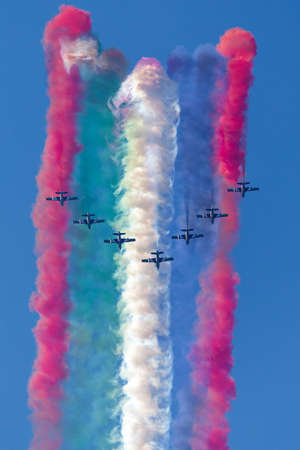 Payerne, Switzerland - September 6, 2014: Al Fursan Aerobatic team from the United Arab Emirates Air Force flying Aermacchi MB-339 jet training aircraft.のeditorial素材