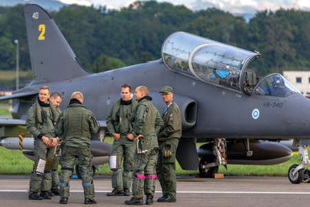 Payerne, Switzerland - September 1, 2014: Finnish Air Force British Aerospace Hawk Mk 51 jet trainer aircraft from the Midnight Hawks display team.のeditorial素材