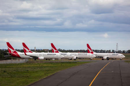 Avalon, Australia - March 25, 2020: Qantas aircraft parked at Avalon Airport having been grounded...