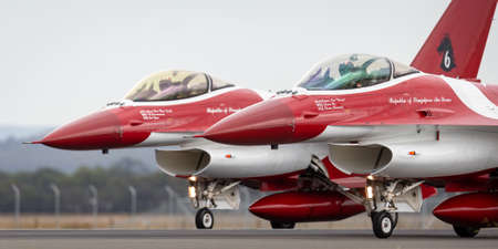 Avalon, Australia - February 28, 2015: Republic of Singapore Air Force (RSAF) Lockheed Martin F-16CJ Fighting Falcon fighter aircraft of the Black Knights display team.のeditorial素材