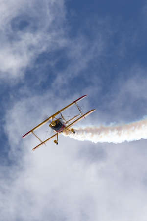 Avalon, Australia - February 28, 2015: Australian aerobatic pilot Paul Bennet flying his Wolf Pitts...