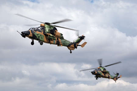 Avalon, Australia - February 26, 2015: Two Australian Army Eurocopter Tiger ARH Armed reconnaissance helicopters.のeditorial素材
