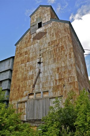 Abandoned grain elevator has bushes and trees growing at it\\の写真素材