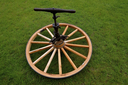 Hub loring machine use to create hole opening on a wooden wheel with wood spokes for a carriage or coachの写真素材