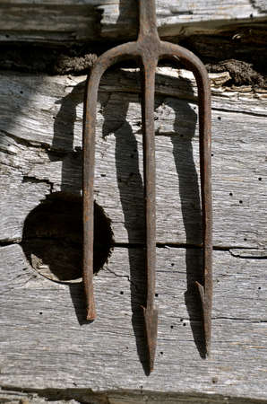 A three tined fishing spear leans against a log cabin wall with a holeの写真素材
