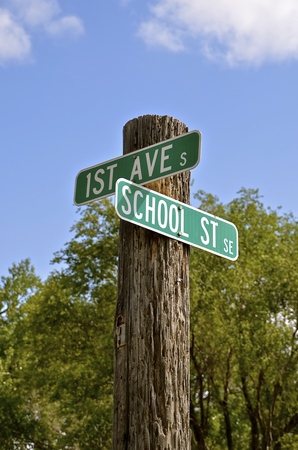 Downtown street signs on an old telephone pole in a small rural townの写真素材