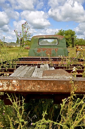 Weeds are growing around a rickety old truck with boards missing in the flat bed