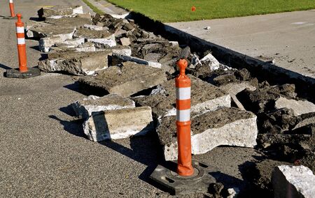Orange cones warn of a curb and street construction and repair project.